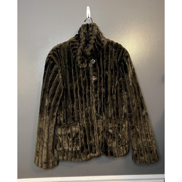 White Stag Faux Fur Jacket Womens Large Brown Button Front Lined Pockets Warm - Picture 1 of 8